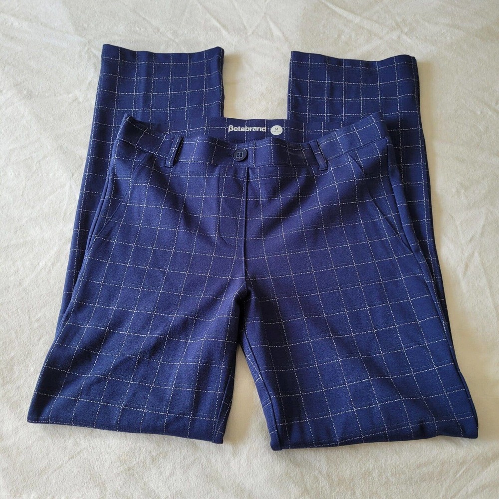 Betabrand Blue Windowpane Plaid Straight Leg Dress Pants Womens Size Petite M